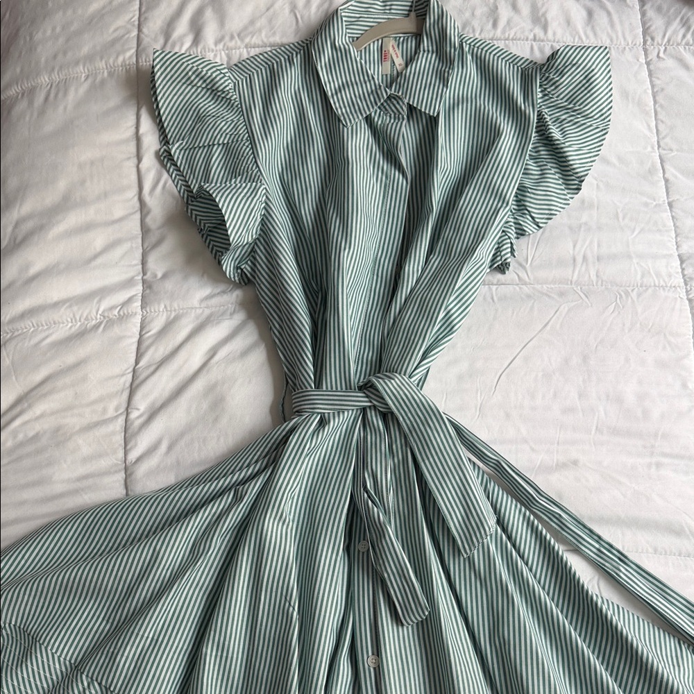 Striped Green Belted Shirt Dress - Women